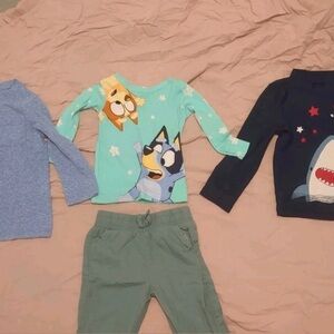toddler bundle of three shirts and one pair of pants, Bluey, Shark, assorted  2T